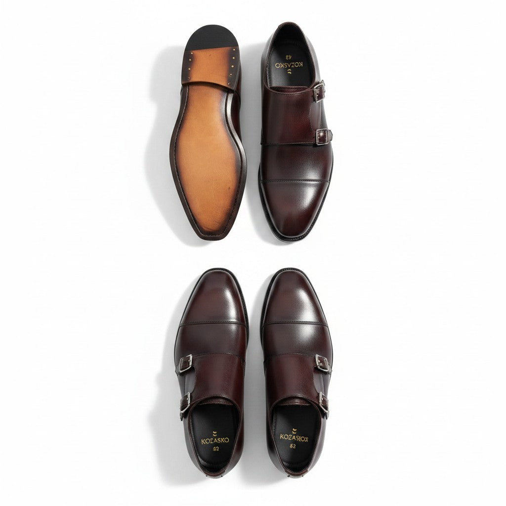 Four men's dress shoes arranged in a 2x2 grid on a white background, showing both the brown leather uppers and the tan suede-like soles, along with the dark brown sides and gold brand lettering.