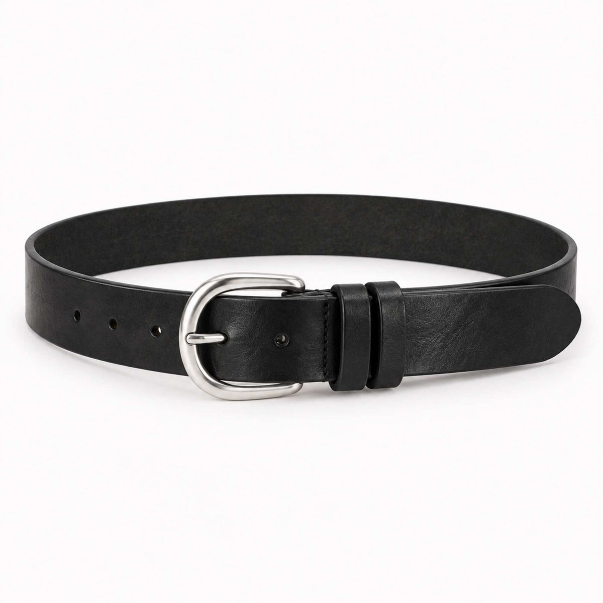 A black leather belt with a silver-tone metal buckle, photographed on a clean white background.