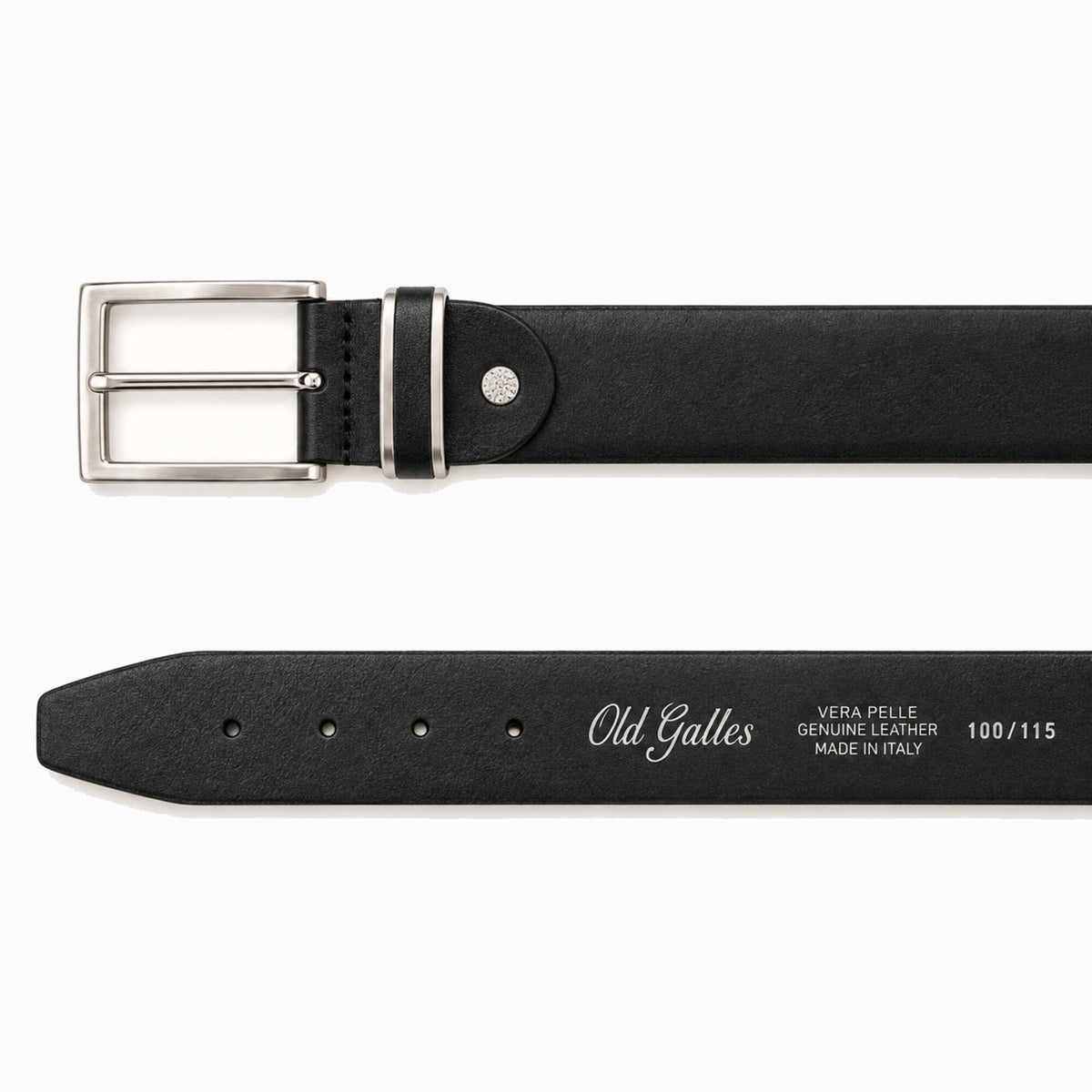 A black leather belt shown from two angles: a close-up of the buckle and keeper area, and a flat view showing the strap with 'Old Galles' branding. The belt has a silver-tone metal buckle and a silver rivet on a clean white background.