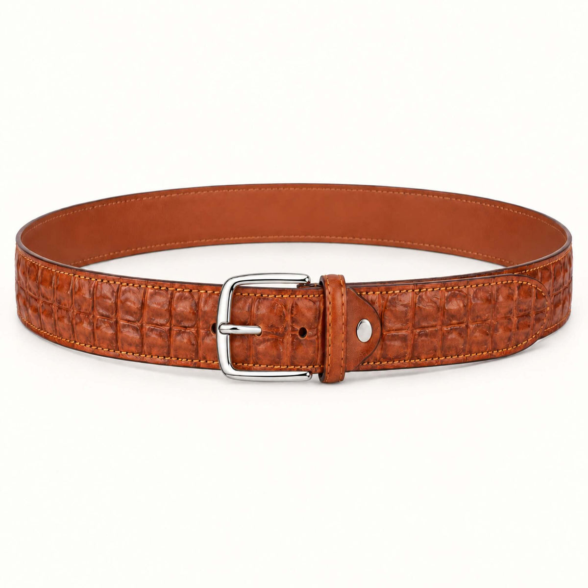 A brown leather belt with a crocodile-embossed texture and a silver-tone metal buckle, displayed on a clean white background.
