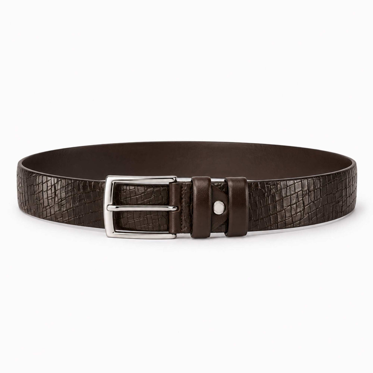 A dark brown textured leather belt with a silver-tone metal buckle, arranged in a horizontal loop on a clean white background.