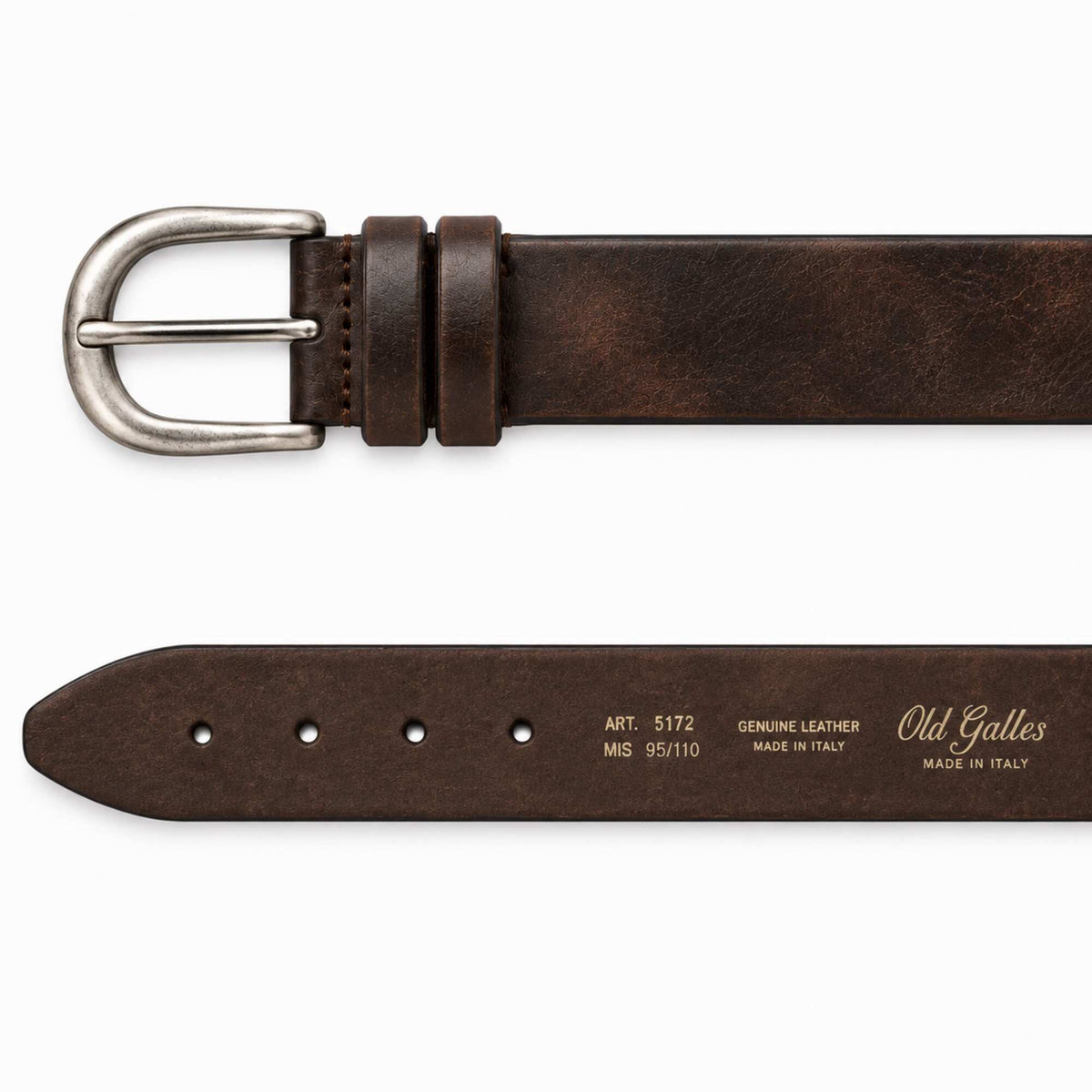 A dark brown leather belt shown from two angles: a close-up of the buckle and strap end at the top, and the flat inner side of the belt at the bottom. The buckle is silver-toned metal, and the inner side features gold-toned branding and text for 'Old Galles'.