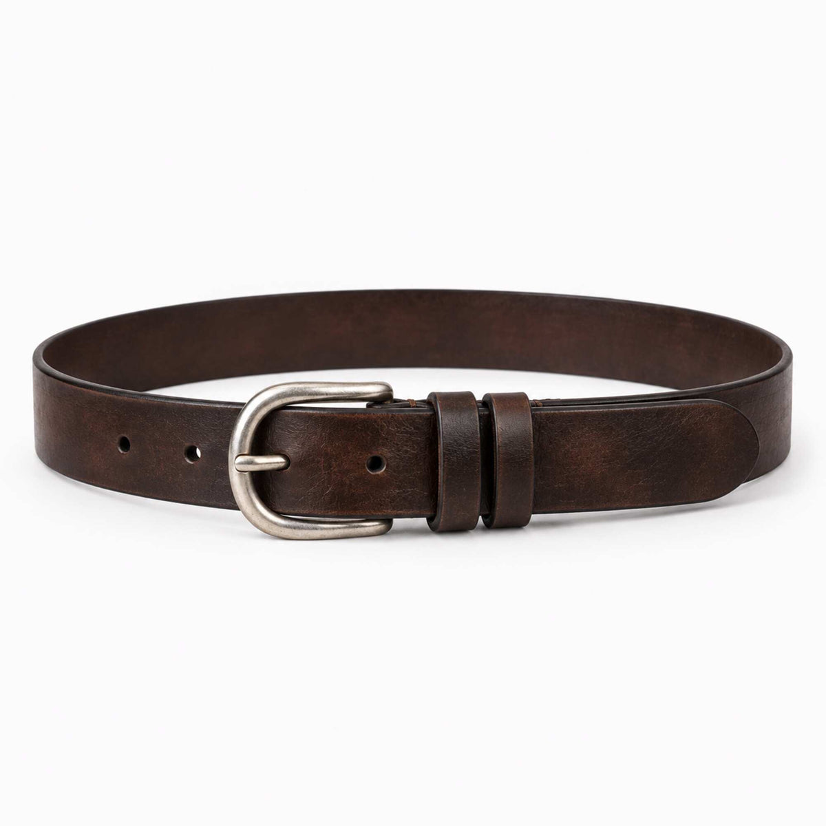 A dark brown leather belt with a silver-toned metal buckle, shown coiled on a clean white background.