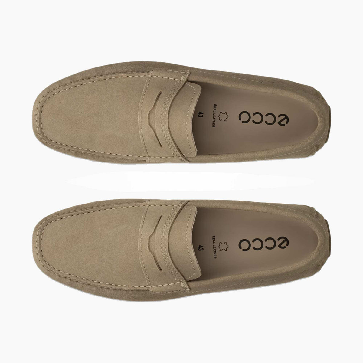 A pair of ECCO suede penny loafers in a light taupe-beige color, shown from a top-down view on a clean white background.