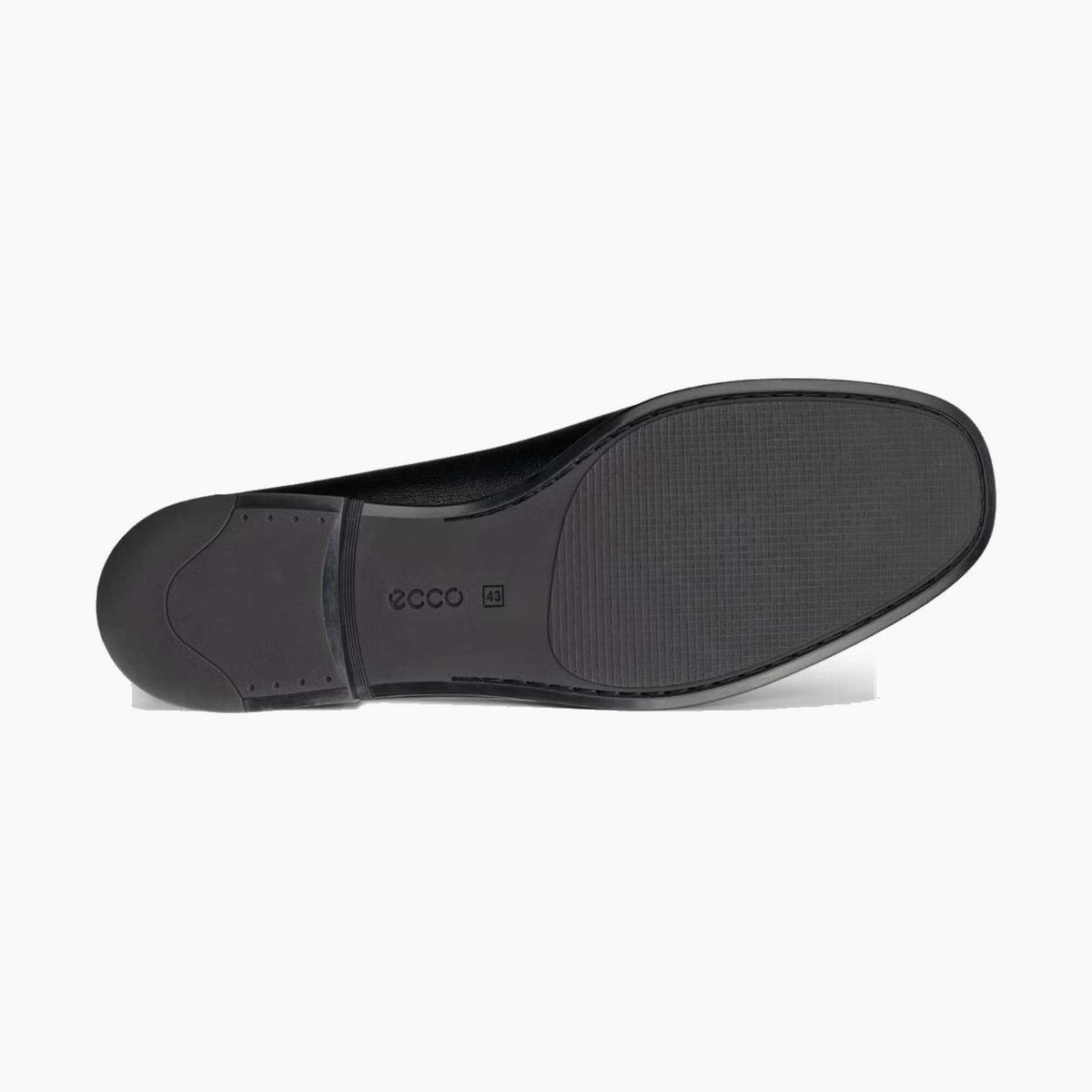 The black rubber outsole of a dress shoe, showing the tread pattern and the embossed 'ecco' brand logo, photographed from a top-down angle on a white background.