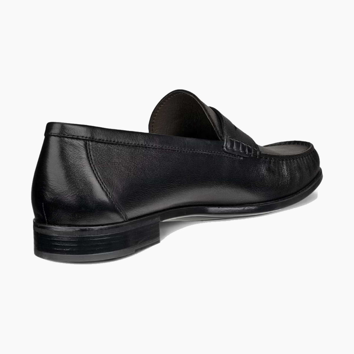 A single black leather loafer shown from a rear three-quarter angle on a clean white background.