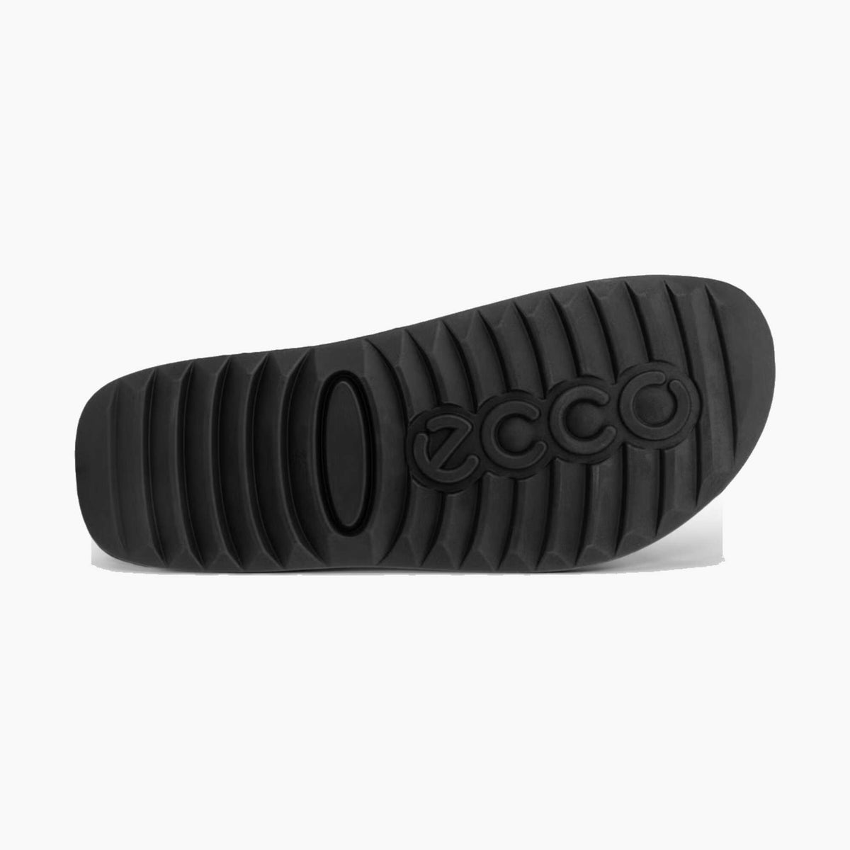 A close-up of a black textured shoe sole with the embossed brand name 'ecco' visible on the front, set against a plain white background.