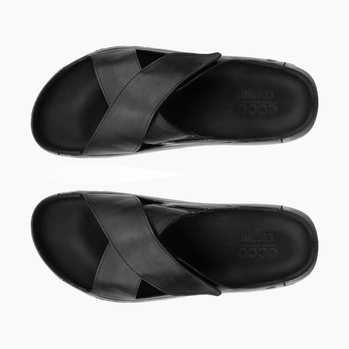 A pair of black slide sandals shown from a top-down view on a clean white background. The sandals feature wide crisscrossing straps and a contoured footbed with the brand name 'ecco' visible in debossed lettering.