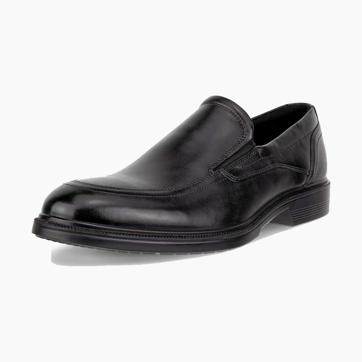 A single black leather slip-on loafer shoe with a classic wingtip toe and low stacked heel, photographed from a three-quarters angle on a light gray background.
