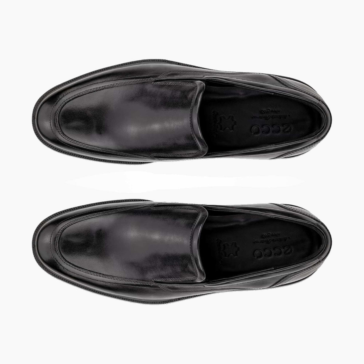 A pair of black leather slip-on loafers shown from a top-down view on a clean white background. The brand name 'ecco' is embossed on the insoles.