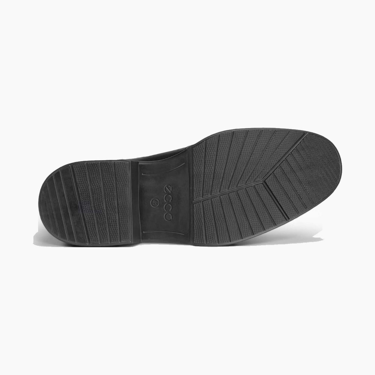 A top-down view of a black shoe sole, showing the tread pattern and embossed 'ecco' brand logo, on a clean white background.