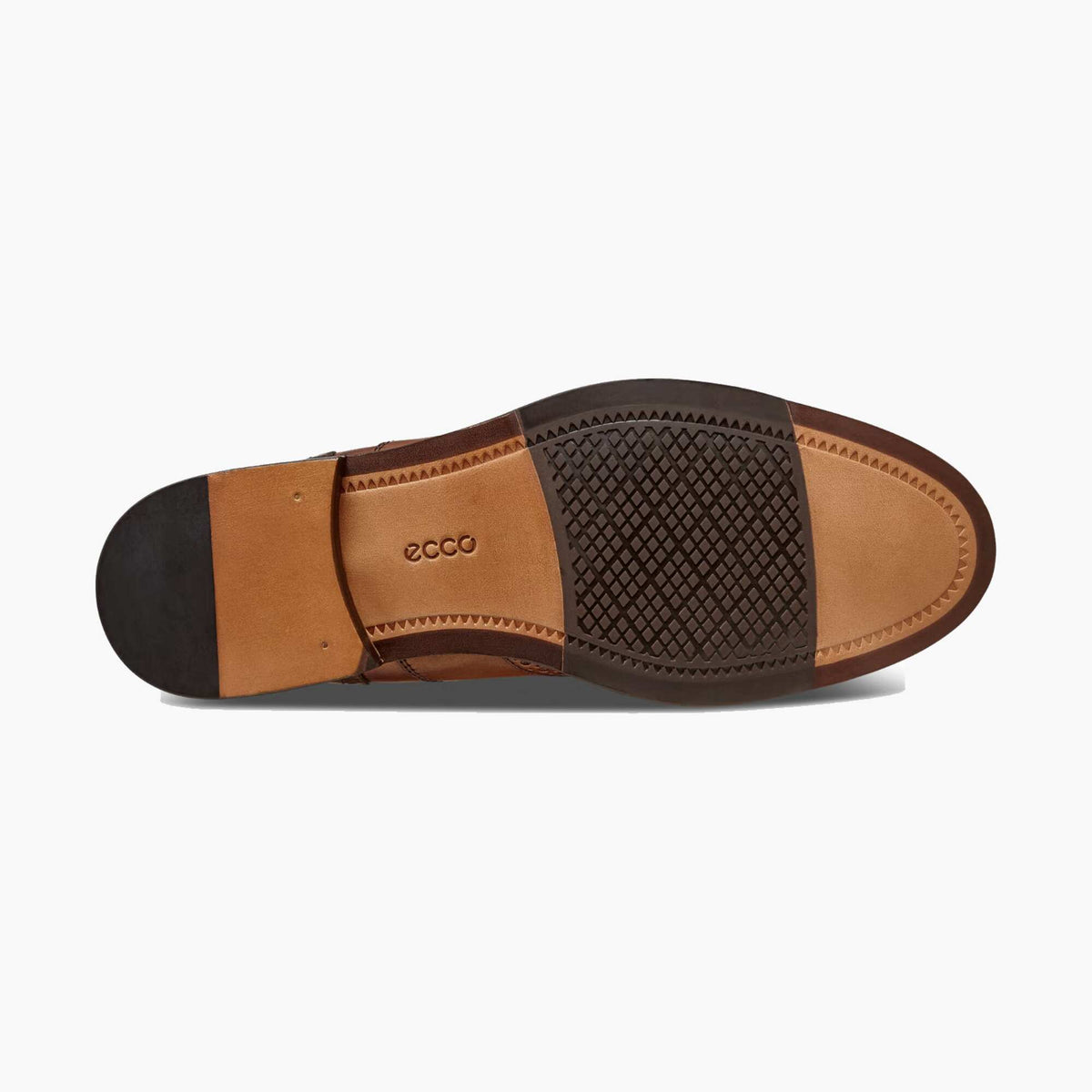 The outsole of an Ecco dress shoe, showing a tan leather upper with a dark brown textured tread and a black heel cap, photographed on a clean white background.
