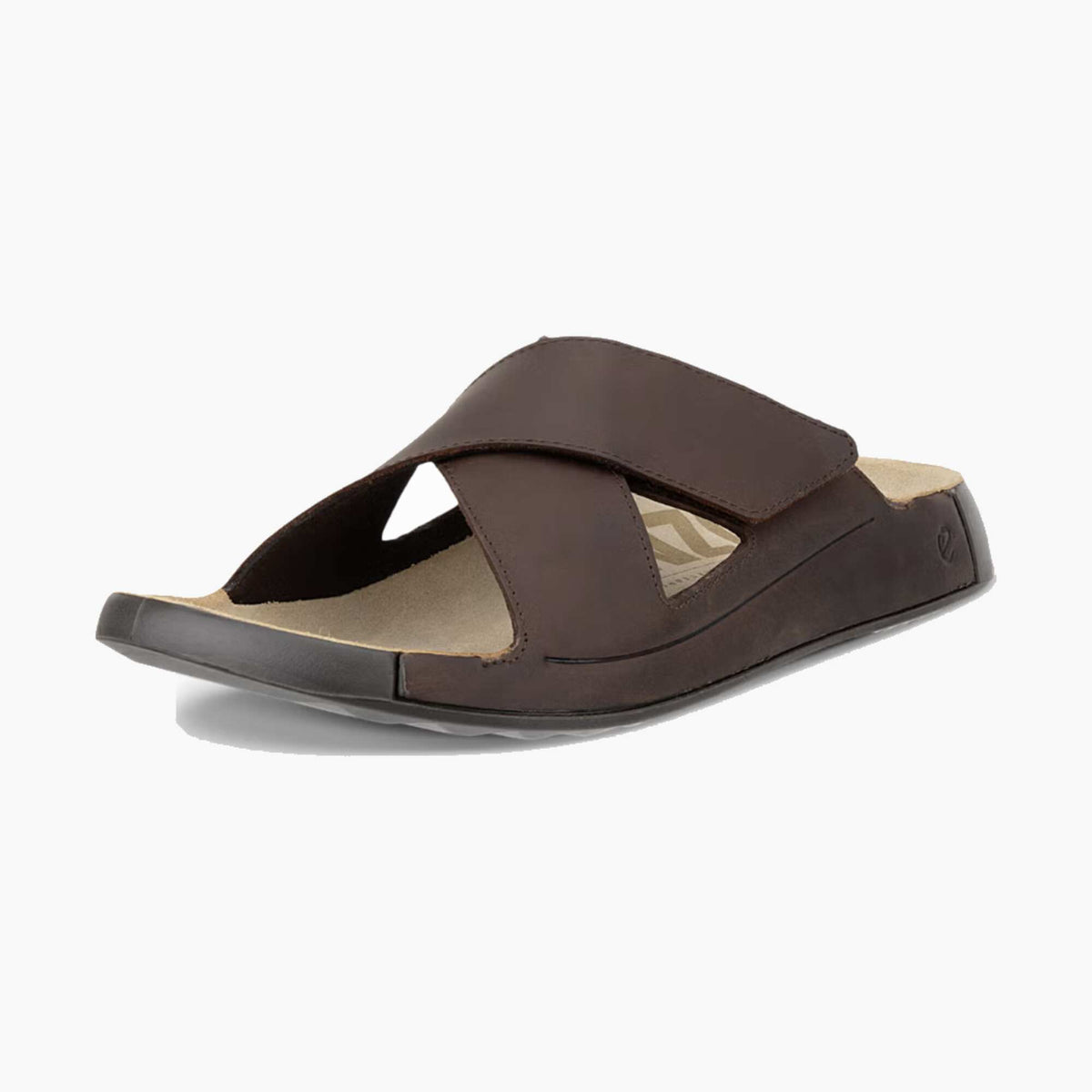 A dark brown leather slide sandal with a thick wedge platform sole, shown from a side profile on a light gray background.
