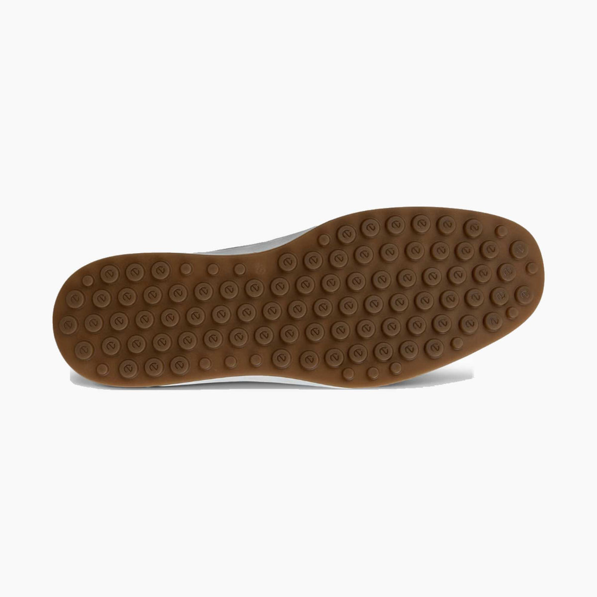 A close-up, top-down view of a brown rubber shoe sole with a circular tread pattern, shown against a plain white background.