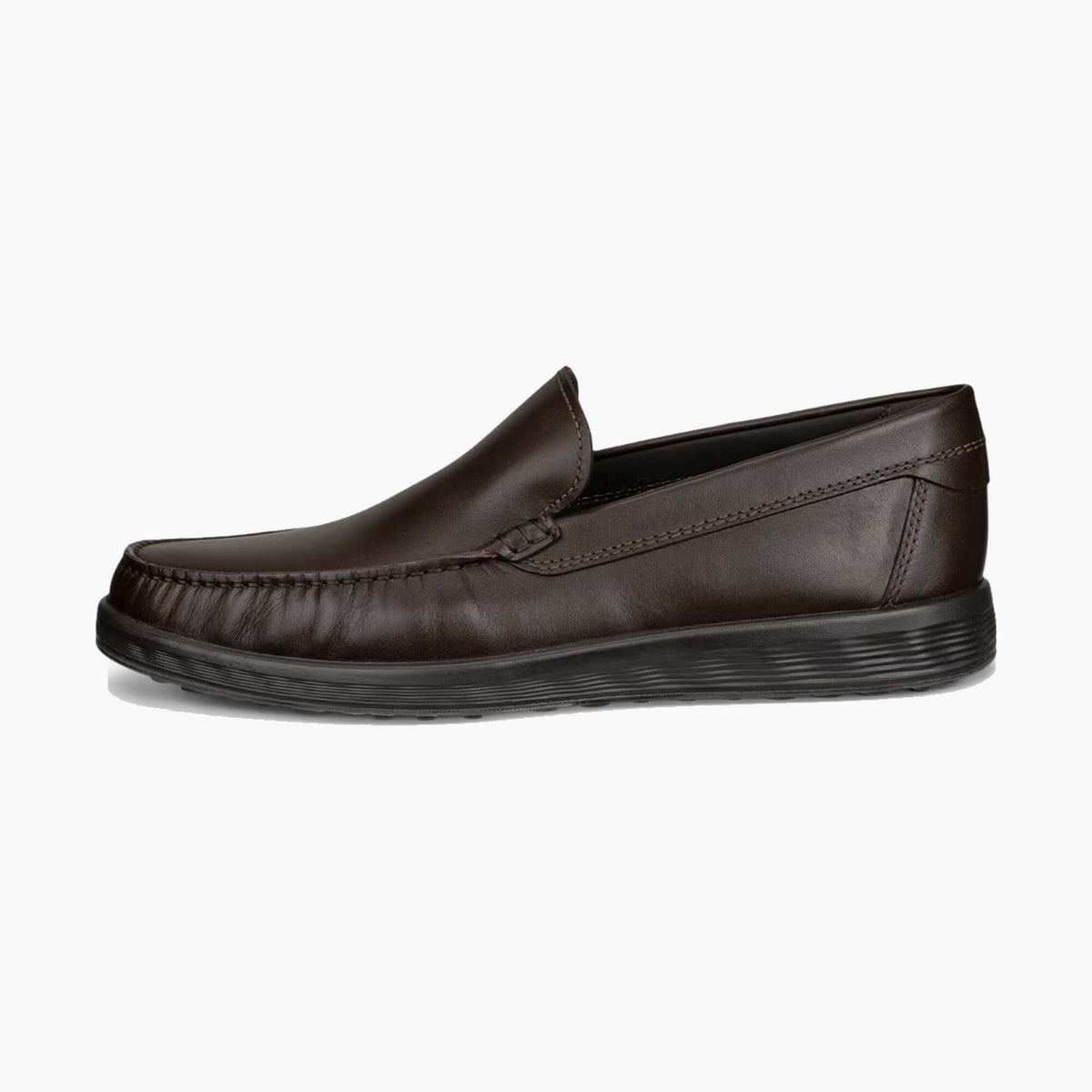 A single brown slip shoe shown in a side profile on a white background.
