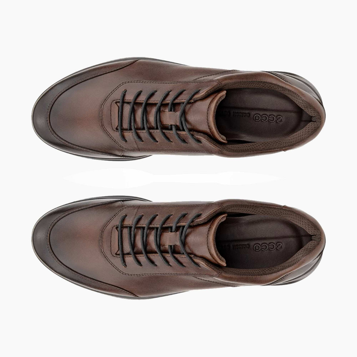 A pair of dark brown leather lace-up shoes shown from a top-down view on a clean white background.