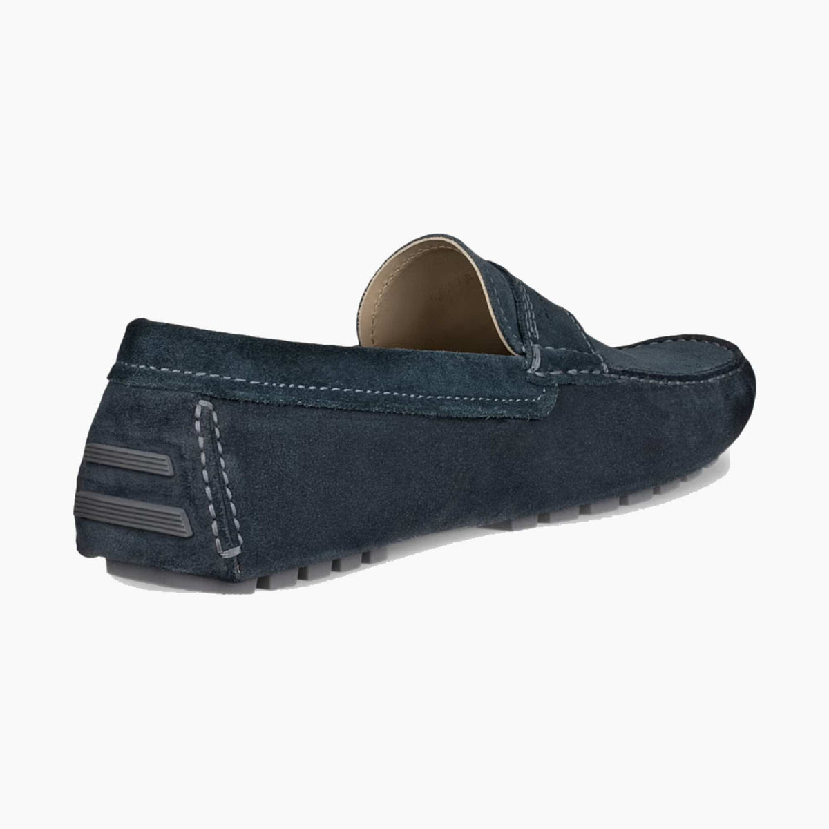 A single dark navy blue suede driving loafer shown from a three-quarters rear angle on a clean white background.