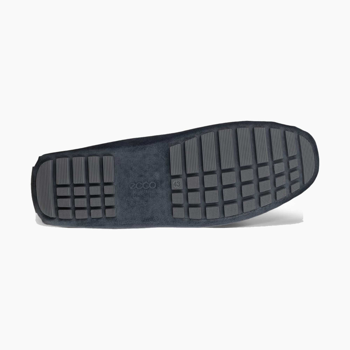 The outsole of a dark navy blue shoe, showing a textured tread pattern and the embossed brand name 'ecco' in the center, on a light gray background.