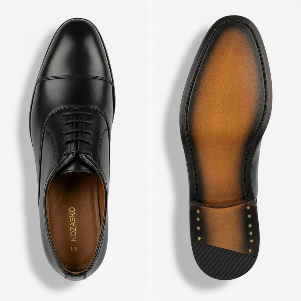 Fairdeal Shoes Kozasko black leather oxford shoes shown from top and bottom views with a tan sole
