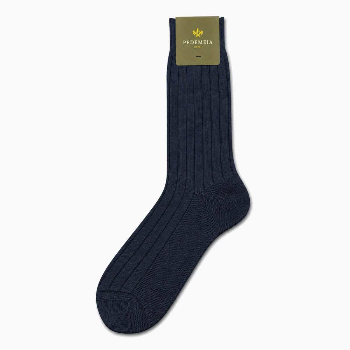 A single dark navy blue ribbed knit sock with a gold brand label at the cuff, displayed against a clean white background.
