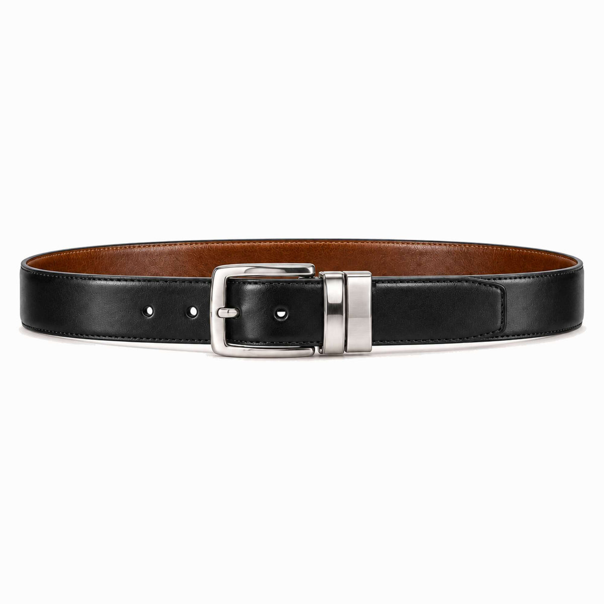 A black leather belt with a brown interior lining and a polished silver-tone buckle, shown coiled on a clean white background.