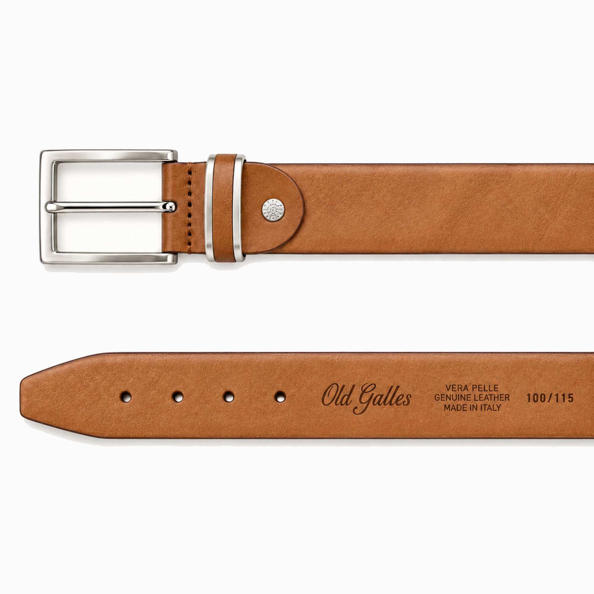 A tan leather belt shown from two angles on a white background: one view shows the silver-tone buckle and keeper, and the other shows the inner side with 'Old Galles' branding and size details.