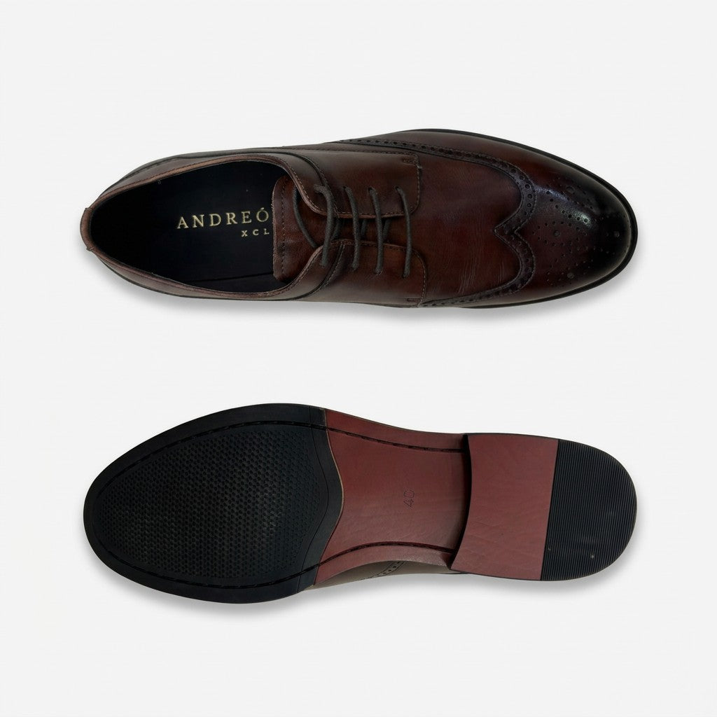 A pair of dark brown leather oxford shoes shown from the top and bottom views against a light gray background. The top view shows the lace-up front and the brand name 'ANDREO X.