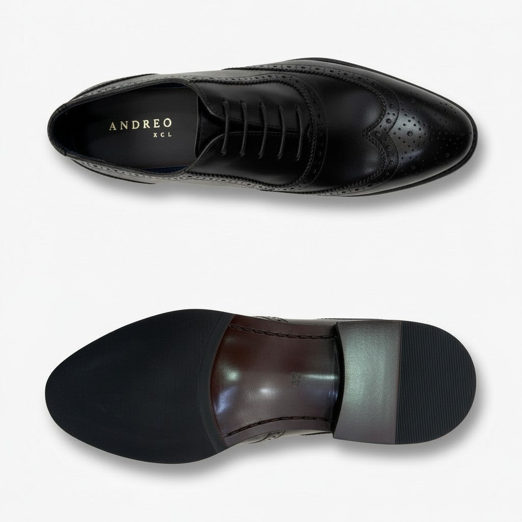 A pair of black leather wingtip oxford shoes shown from the top and side views against a light gray background. The brand name 'ANDREO 95L' is printed in gold on the insole.