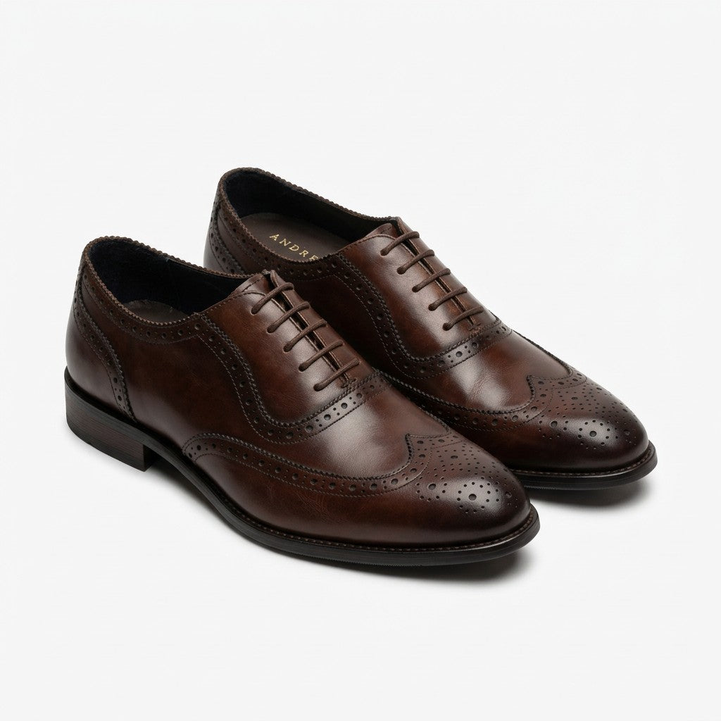A pair of dark brown leather wingtip oxford shoes with decorative brogue perforations, displayed on a clean white background.