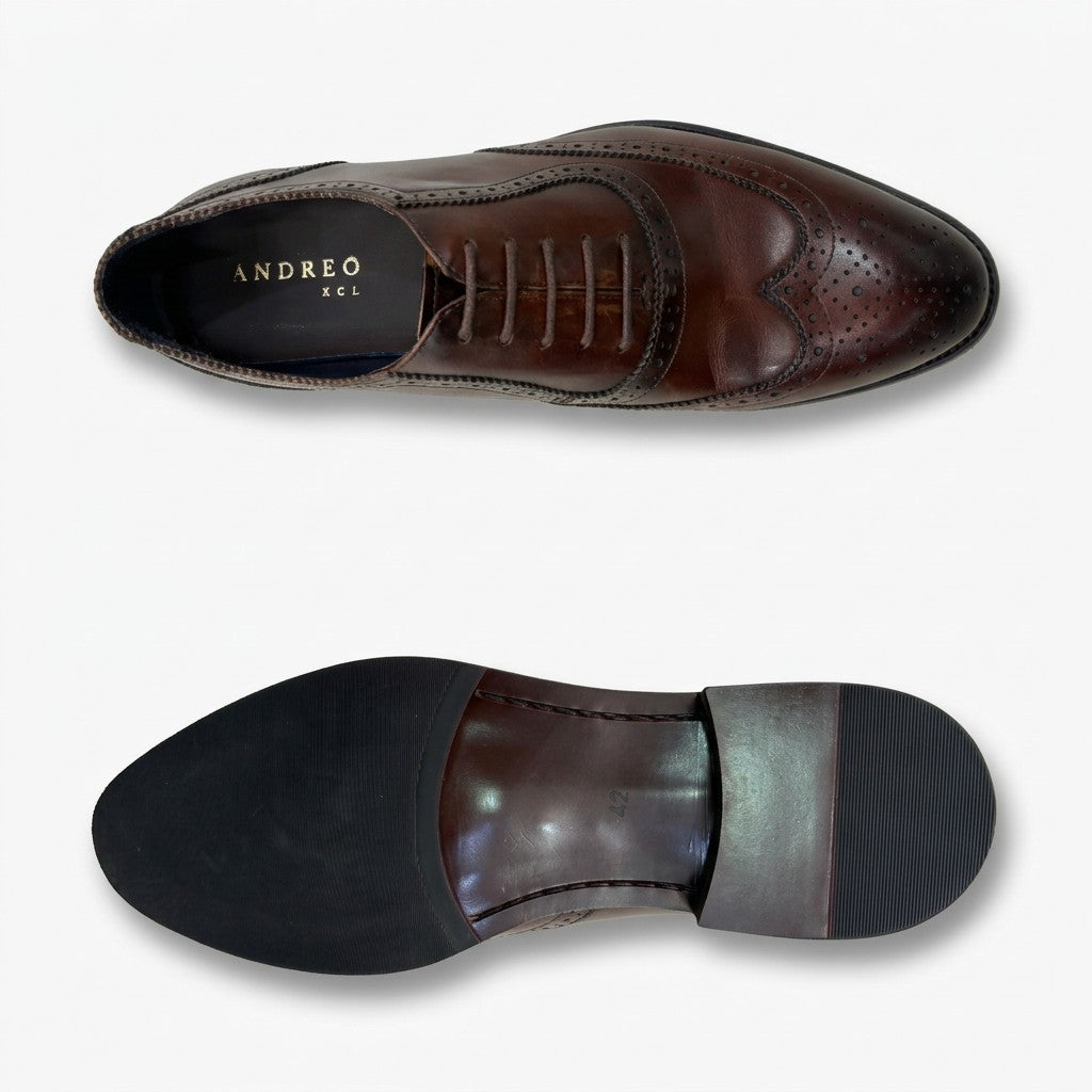 A pair of dark brown leather wingtip oxford shoes shown from the top and bottom views against a light gray background. The top view shows the brogue detailing, laces, and the brand name 'ANDREO' printed on the black insole.