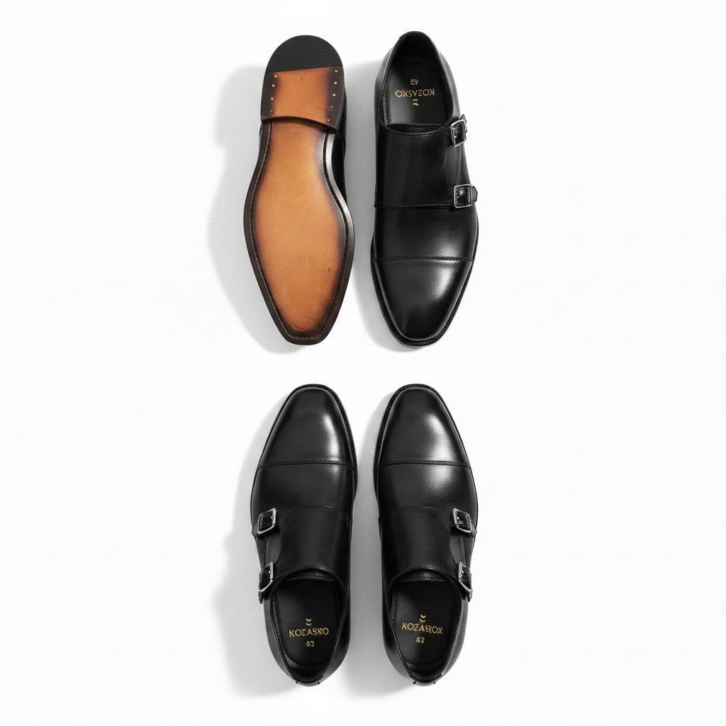 Four men's dress shoes arranged in a 2x2 grid on a white background, showing both the black leather exterior and the tan leather interior of two pairs. The shoes are double straps with silver buckle details and feature the brand name 'S.