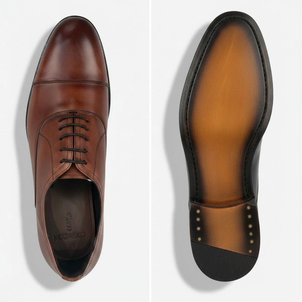 A pair of men's brown leather dress shoes shown from two angles: a top-down view on the left and a sole view on the right, against a clean white background.