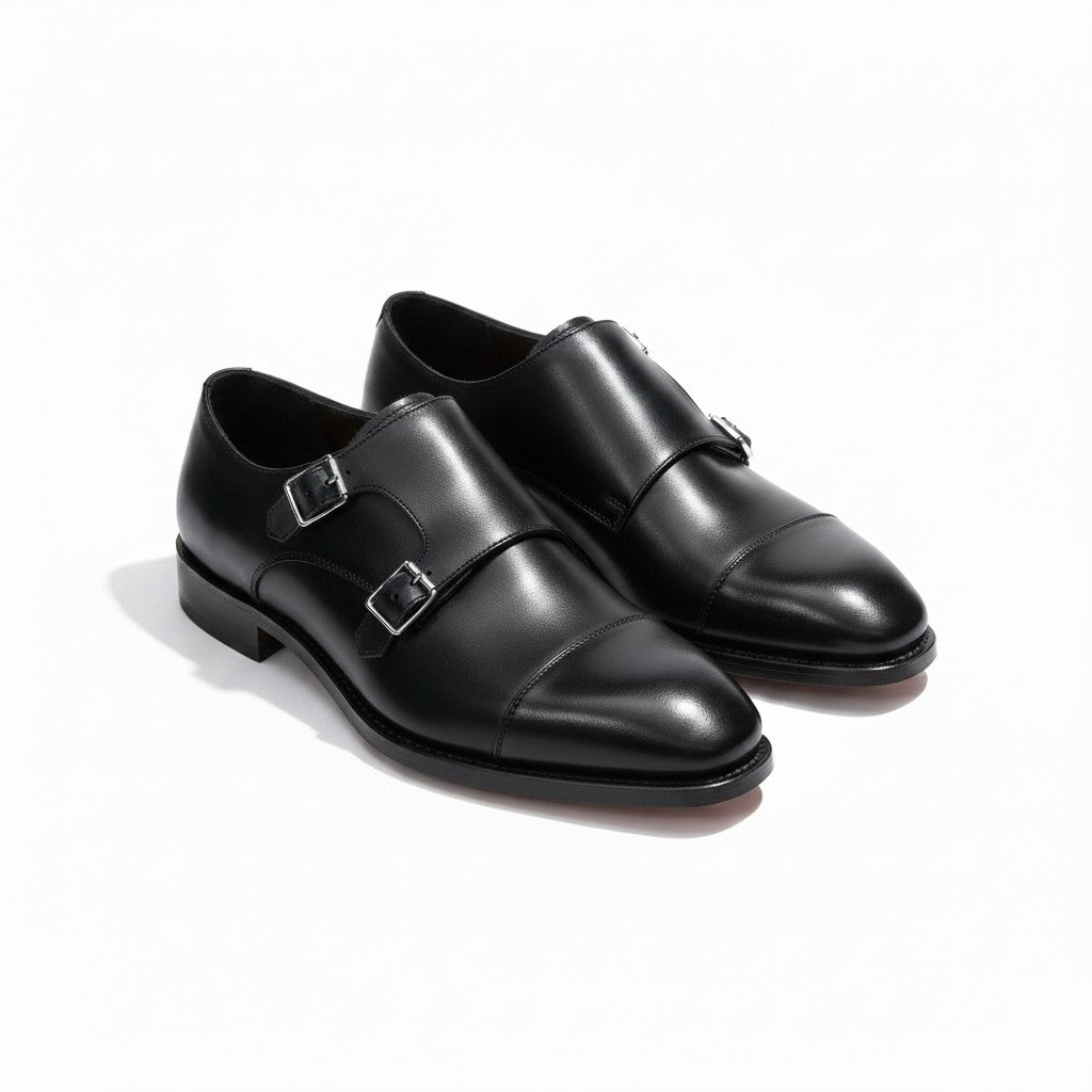 A pair of black leather double monk shoes with silver buckle details, displayed on a clean white background.