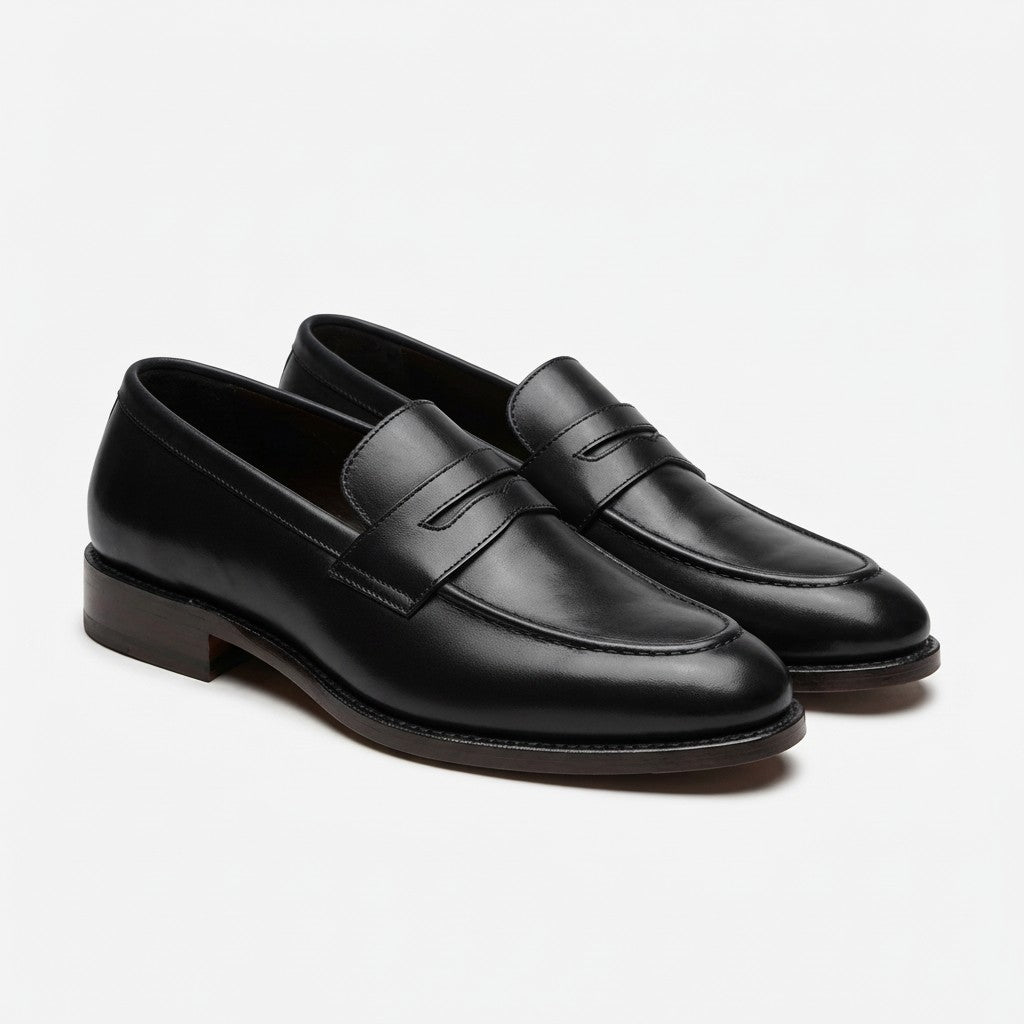 Pair of black leather dress shoes on a light gray background