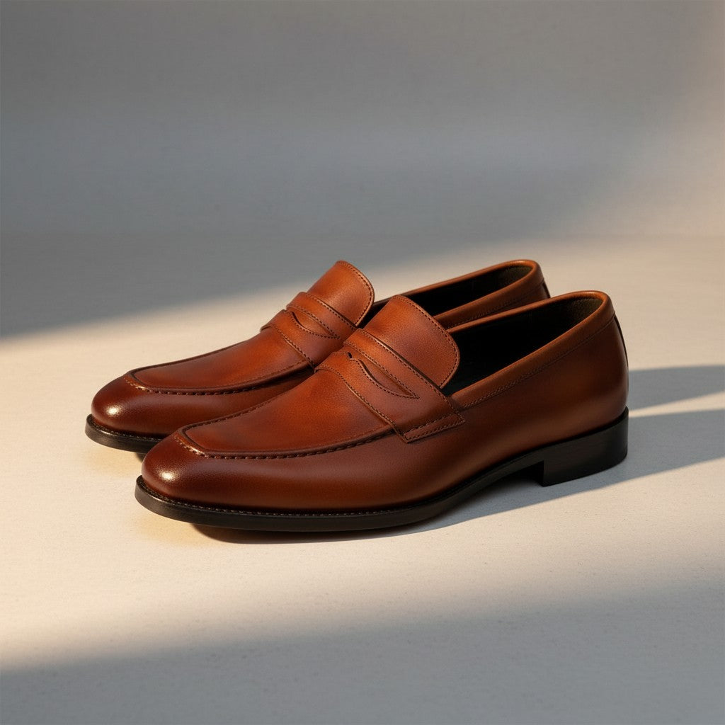 A pair of men's brown leather penny loafers with a classic penny strap and decorative stitching, displayed on a neutral studio background with dramatic side lighting.
