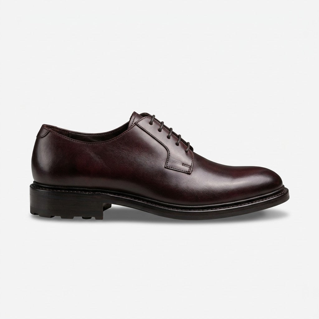 Black leather dress shoe on a white background