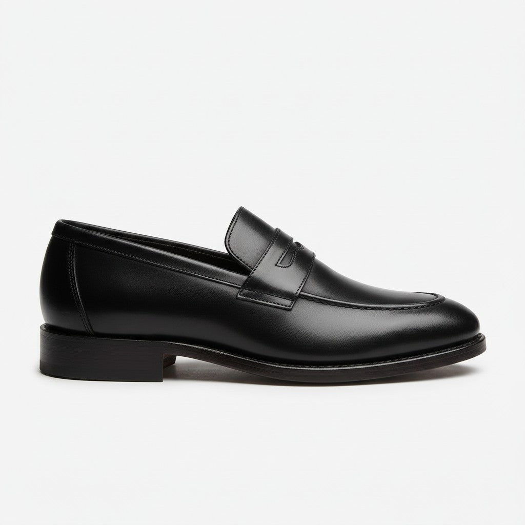 A single black leather penny loafer shown in a side profile view against a clean, light gray background.