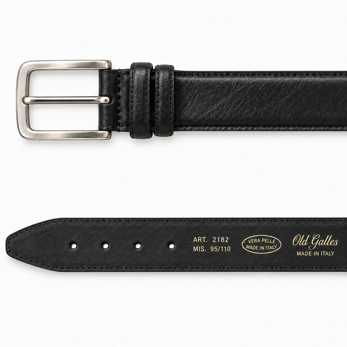 A black leather belt shown from two angles on a white background: one view displays the silver-tone buckle and strap profile, while the other shows the inner side with gold-toned branding and size details. The brand 'Old Galles' is clearly visible.