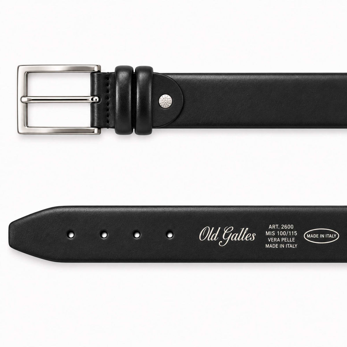 A black leather belt shown from two angles on a white background: one view displays the silver-tone buckle and loop, while the other shows the inner side with white printed text including the brand 'Old Gallier'.
