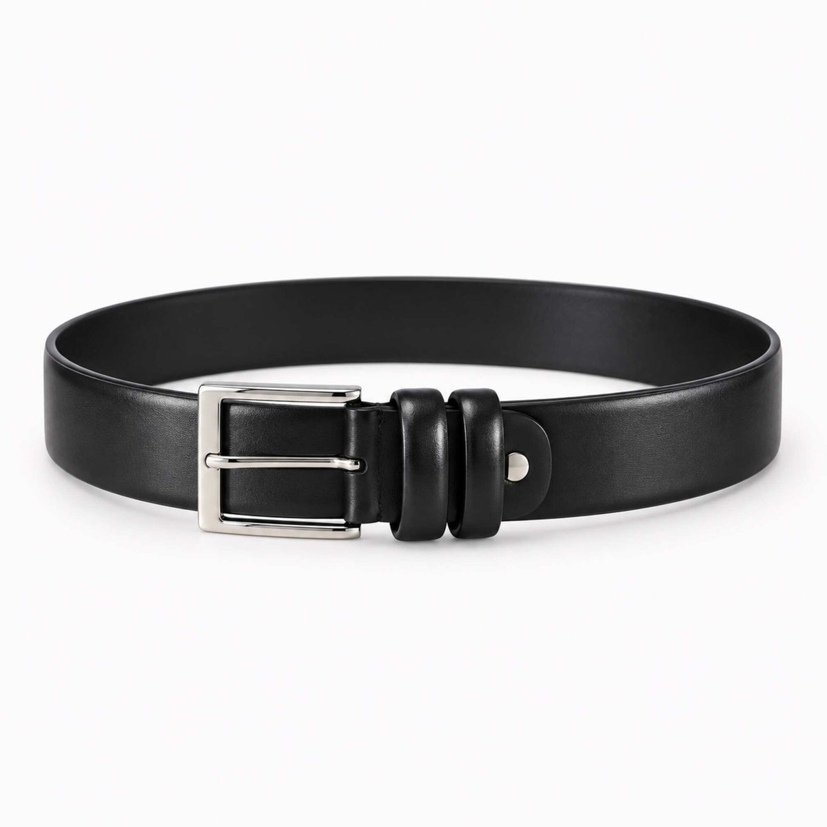A black leather belt with a silver-tone metal buckle, shown coiled on a clean white background.