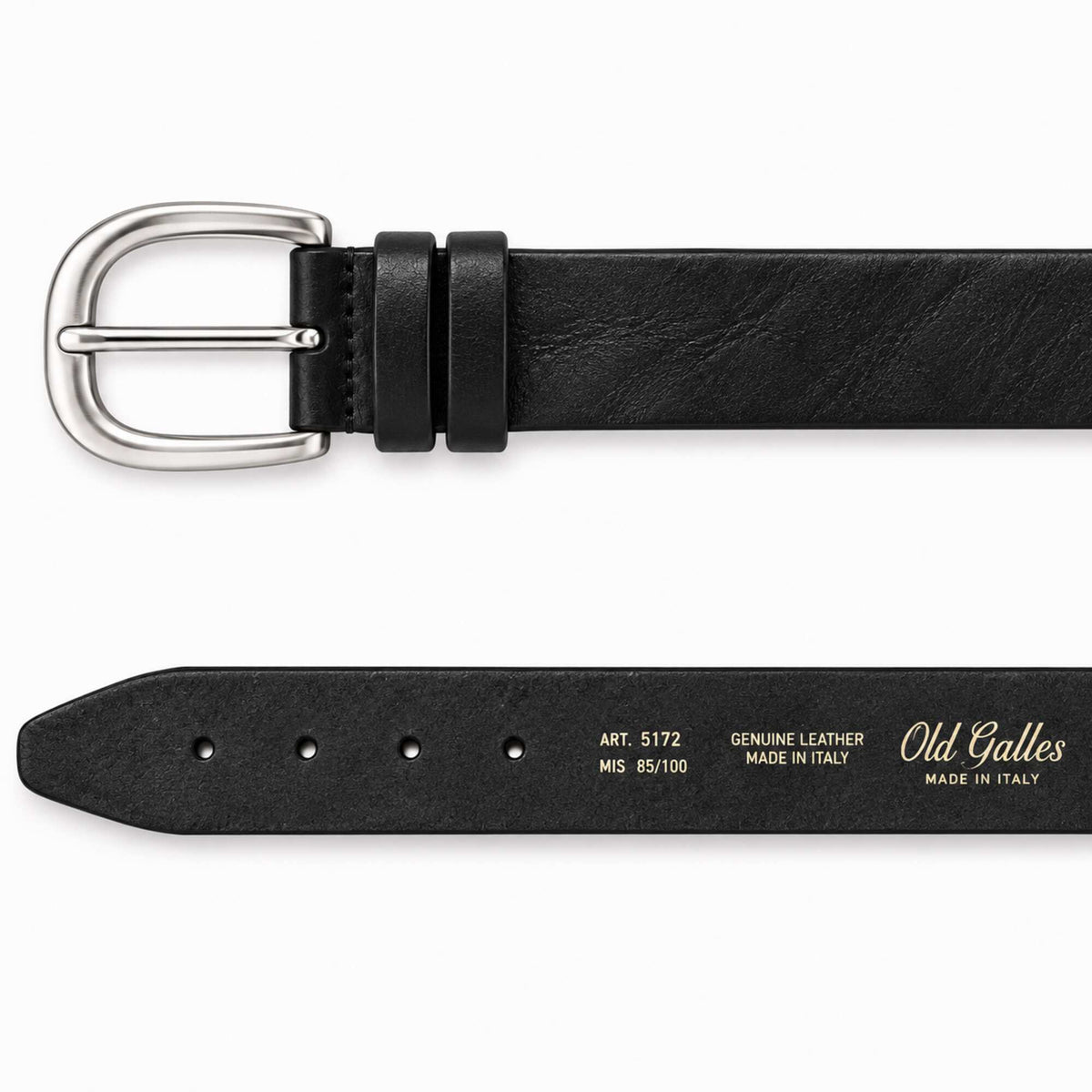 A black leather belt shown from two angles: a top view displaying a silver-tone buckle, and a bottom view showing the inner side with gold text reading 'Old Galles' and 'Genuine Leather Made in Italy'.