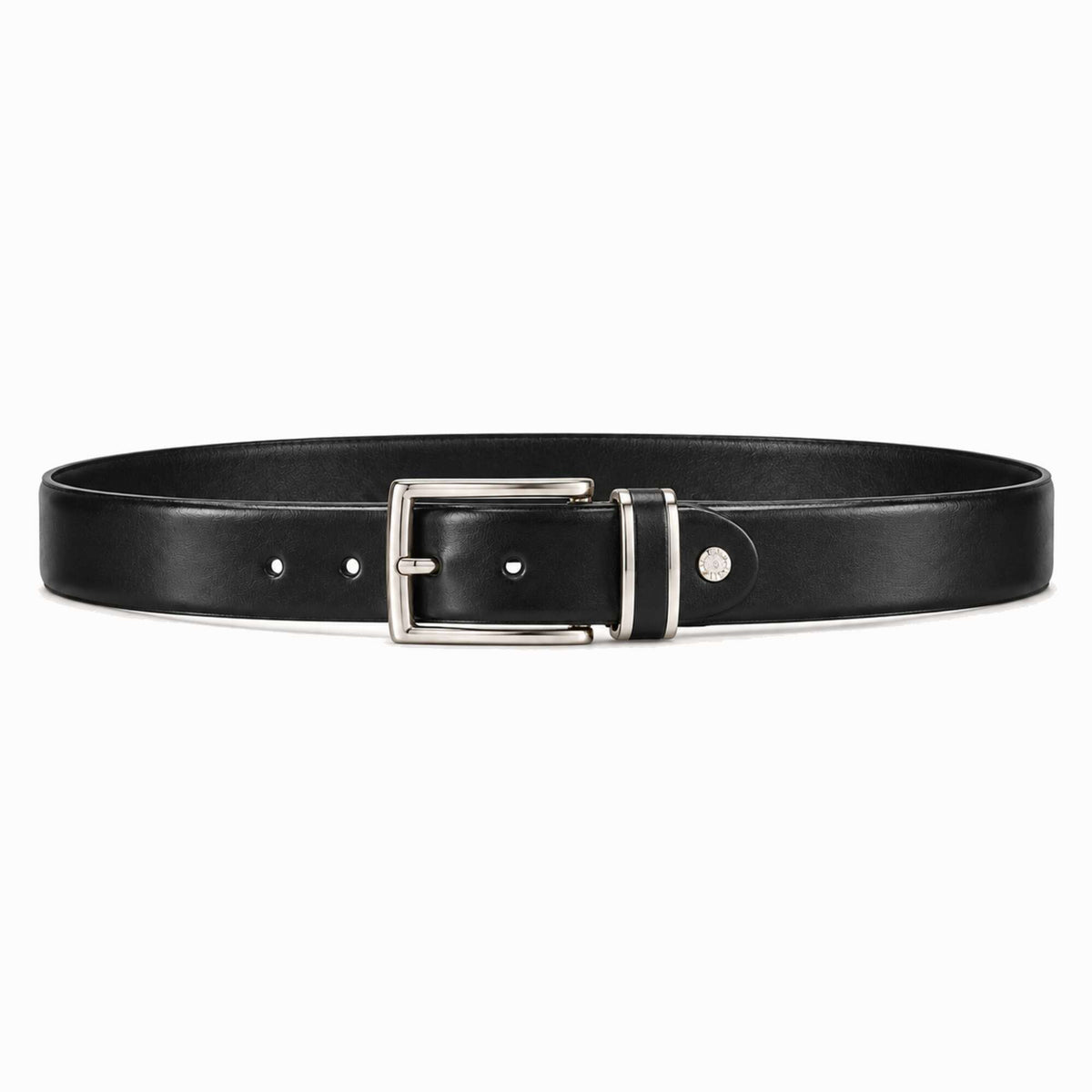 A black  leather belt with a polished silver-tone metal buckle, displayed in a horizontal loop on a clean white background.