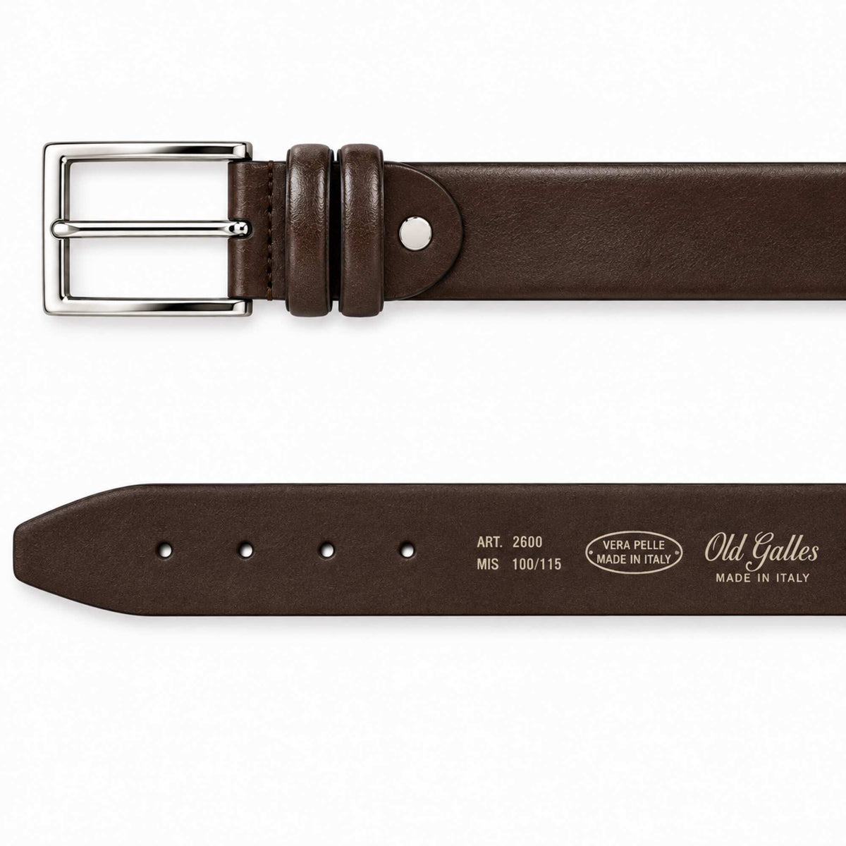 A dark brown leather belt shown from two angles: a top-down view displaying the silver-tone buckle, and a bottom-up view displaying the printed brand name 'Old Galles' and other details on the strap, set against a plain white background.
