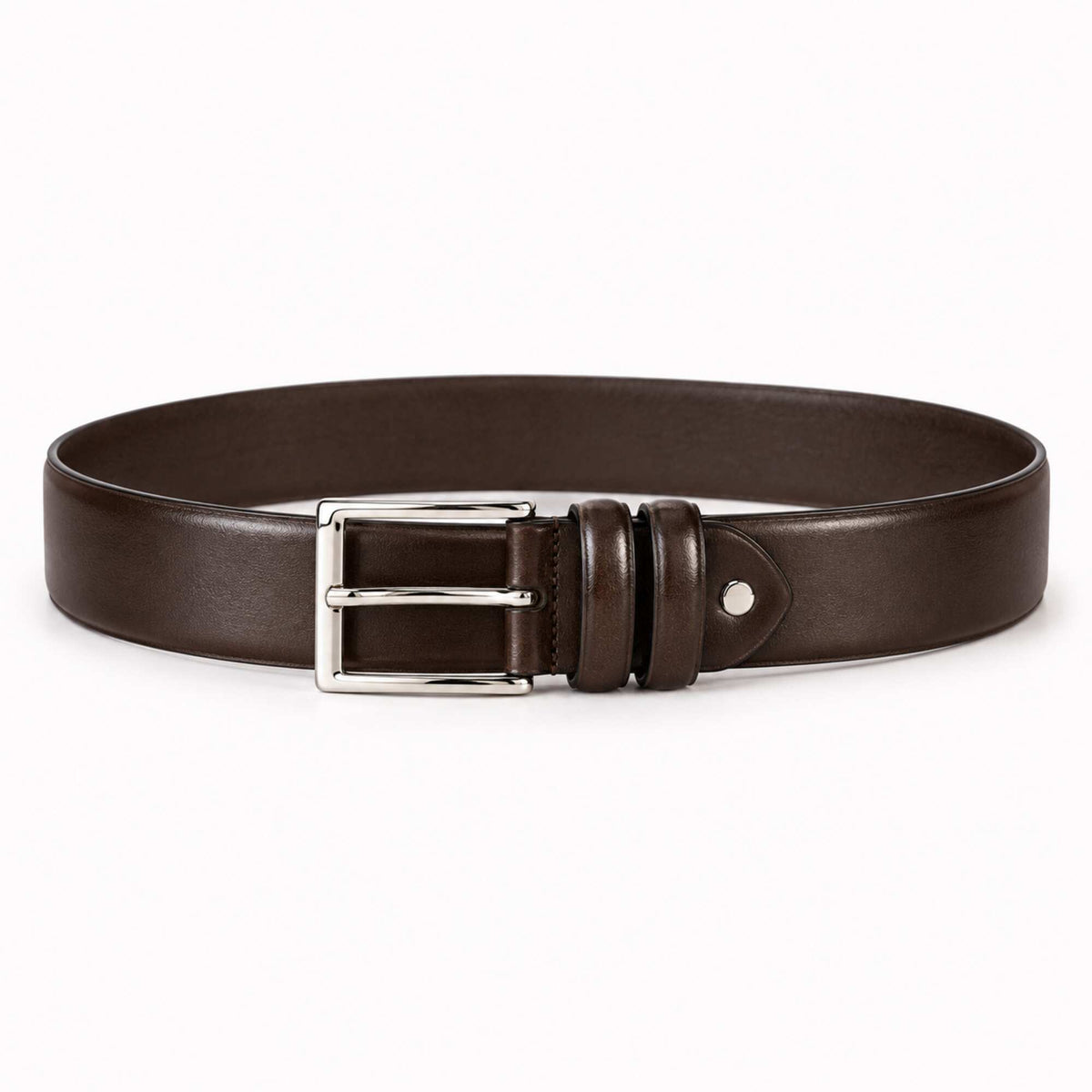 A dark brown leather belt with a silver-tone metal buckle, shown coiled on a clean white background.