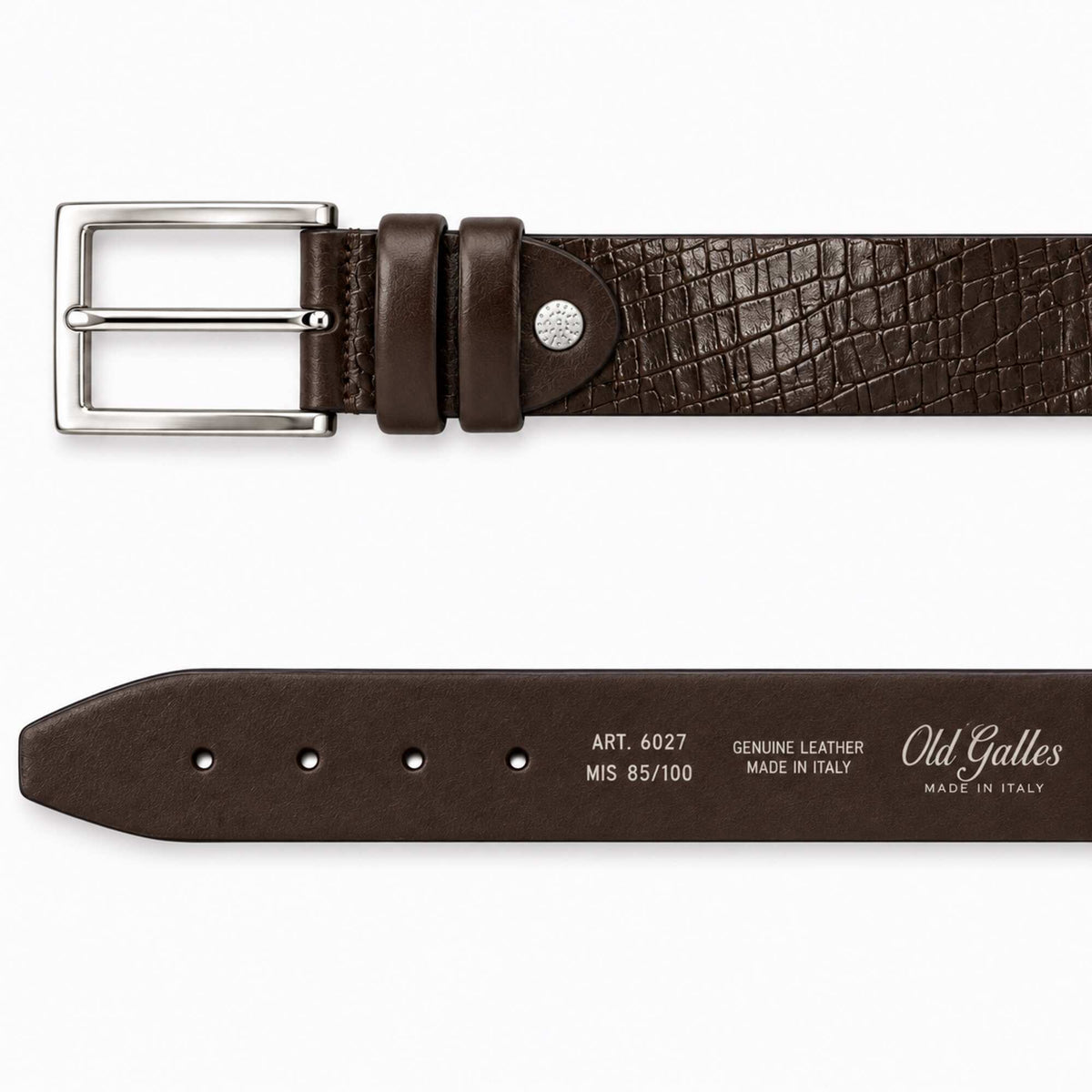 A dark brown textured leather belt shown from two angles: a close-up of the buckle and strap end, and a flat view displaying the 'Old Galles' branding and material details on the underside.