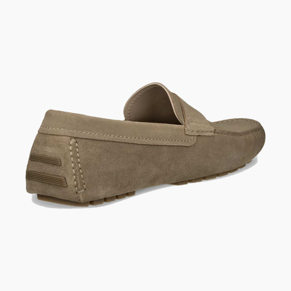 A single taupe-brown suede driving loafer shown from a three-quarters rear angle on a clean white background.