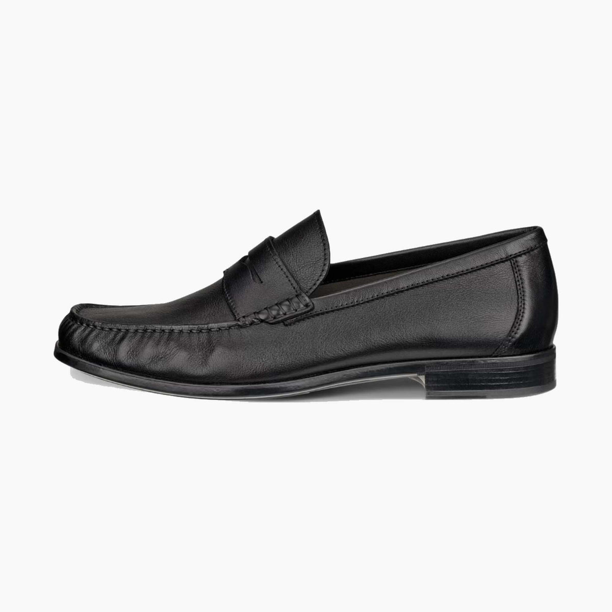 Black slip-on shoe with a thick sole on a white background
