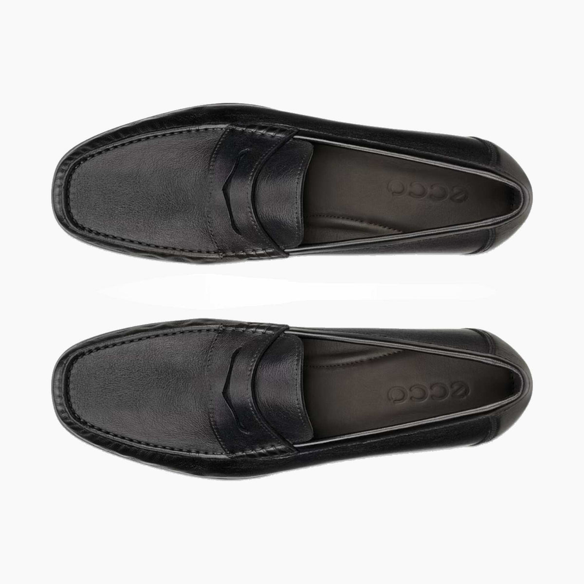 A pair of black leather penny loafers shown from a top-down view on a clean white background. The brand name 'ECCO' is debossed on the insoles.