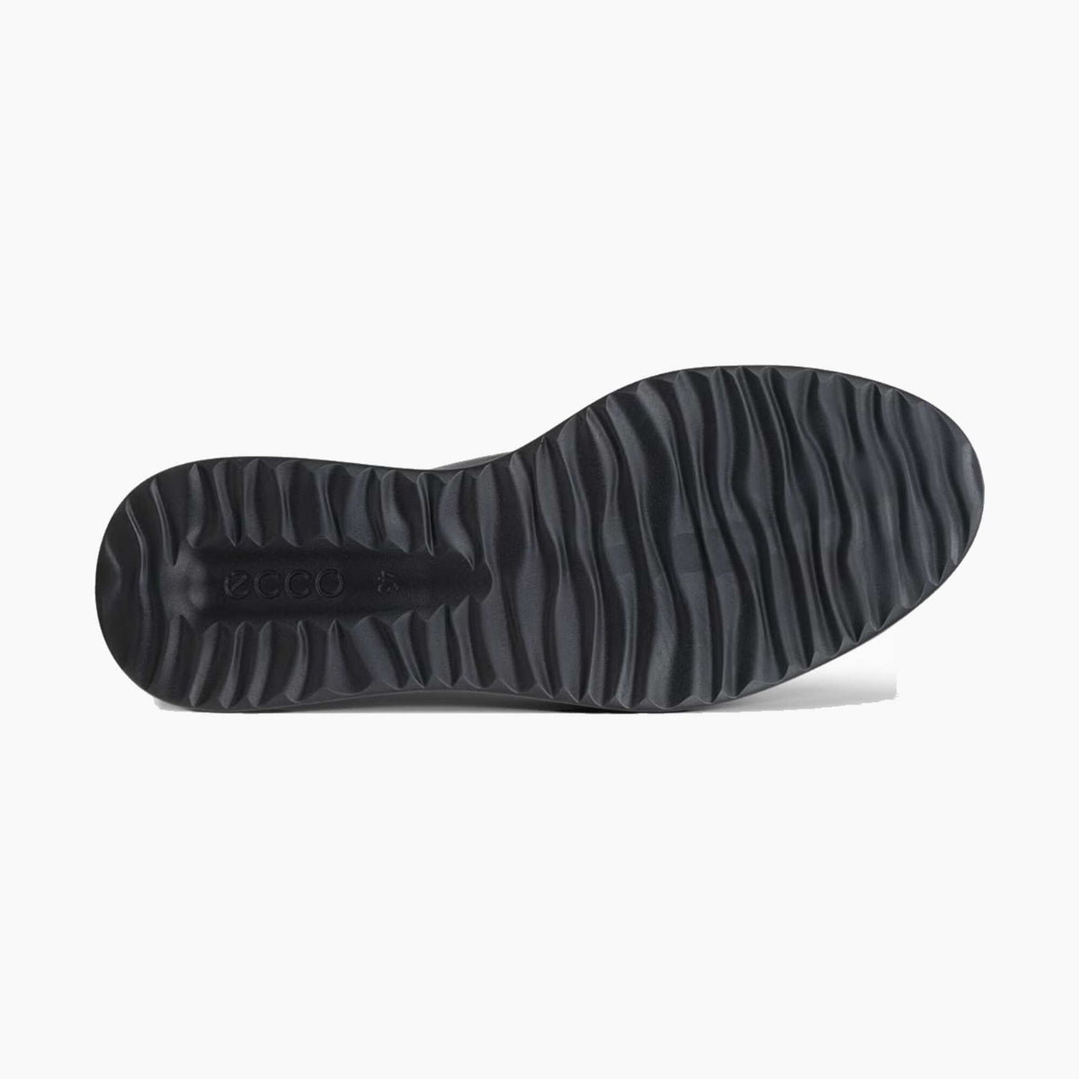 The black textured rubber outsole of a shoe, showing the embossed 'ecco' brand name, photographed on a clean white background.