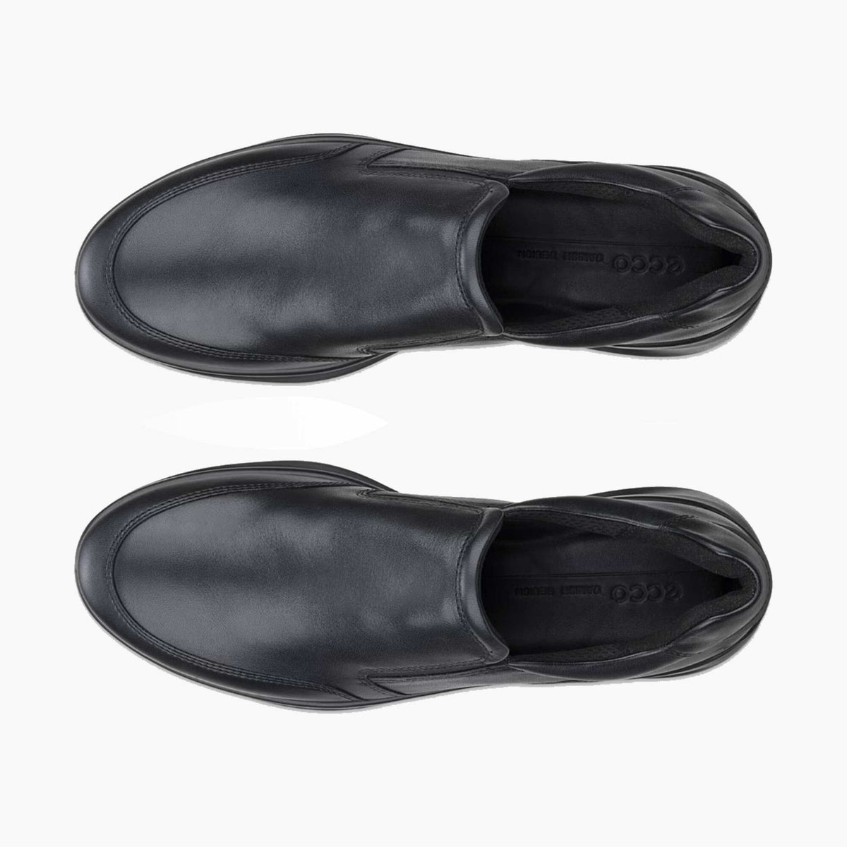 A pair of black leather slip-on loafers shown from a top-down view on a clean white background.
